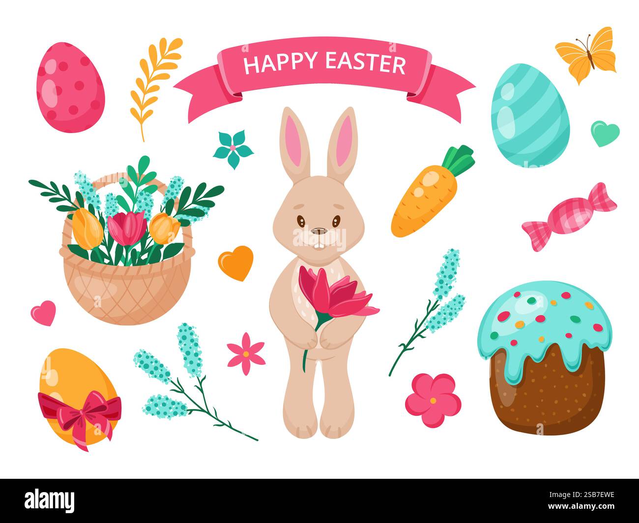 Happy Easter set. Bunny, flowers, eggs, decor. Vector illustration ...