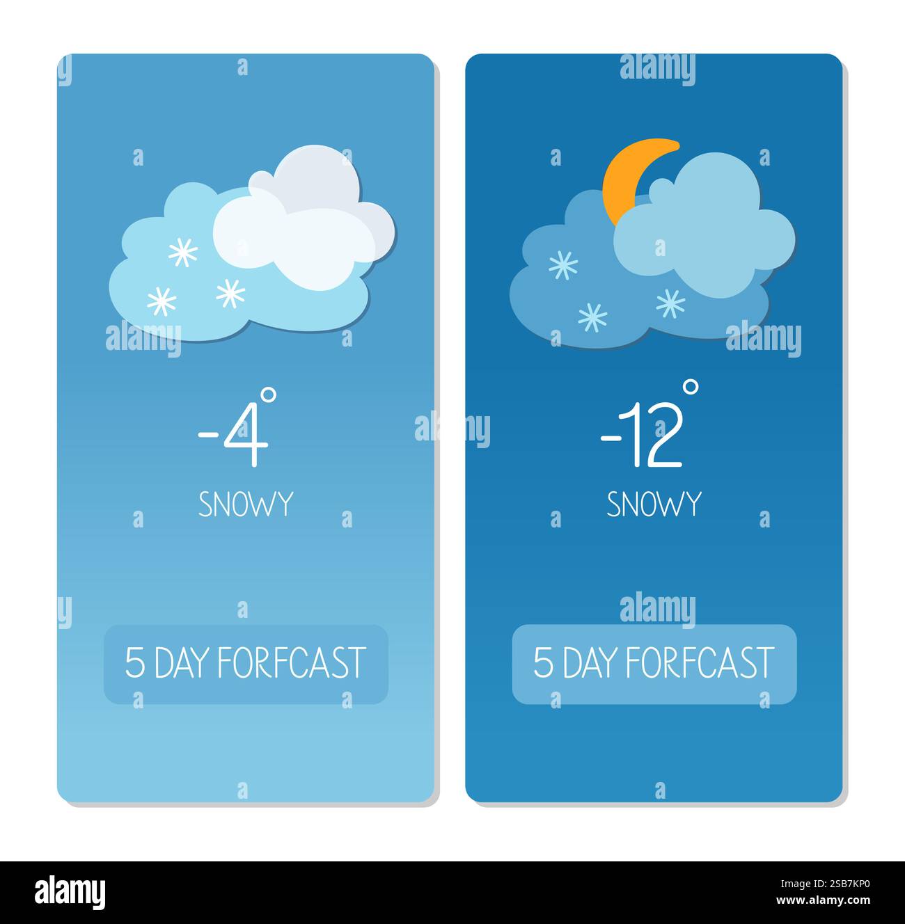 Weather forecast display showing snowy conditions and temperatures below freezing Stock Vector