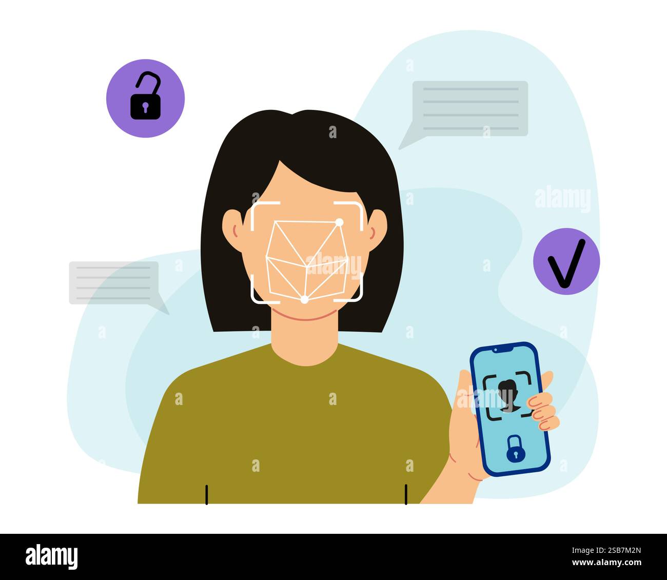 Woman Using Facial Recognition On Smartphone Stock Vector