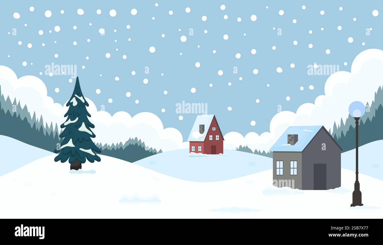 Snowy winter landscape featuring quaint houses and a tall pine tree ...