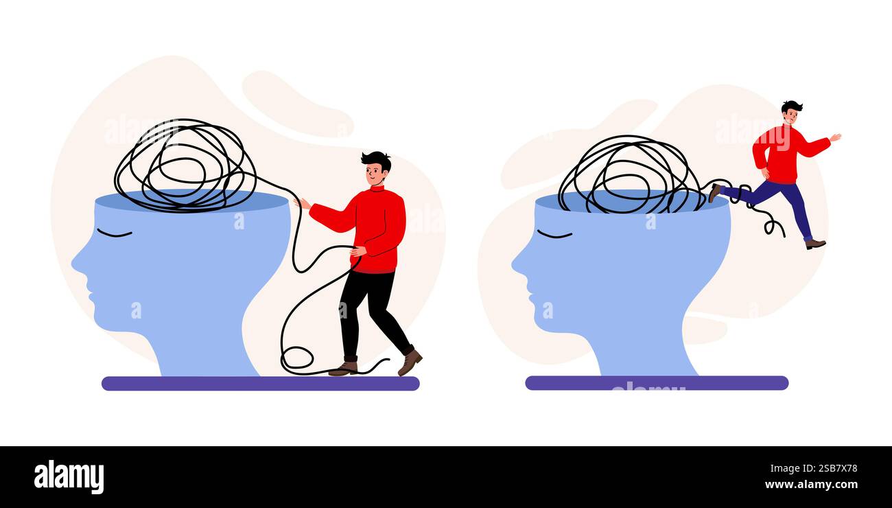 Man untangles thoughts in a creative representation of mental clarity
