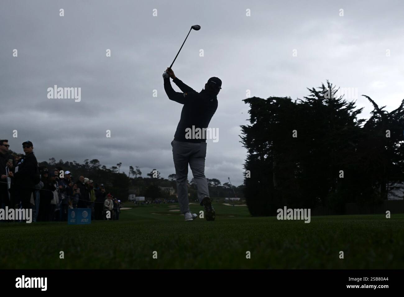 Andrew Novak hits a tee shot on the fourth hole at Pebble Beach Golf