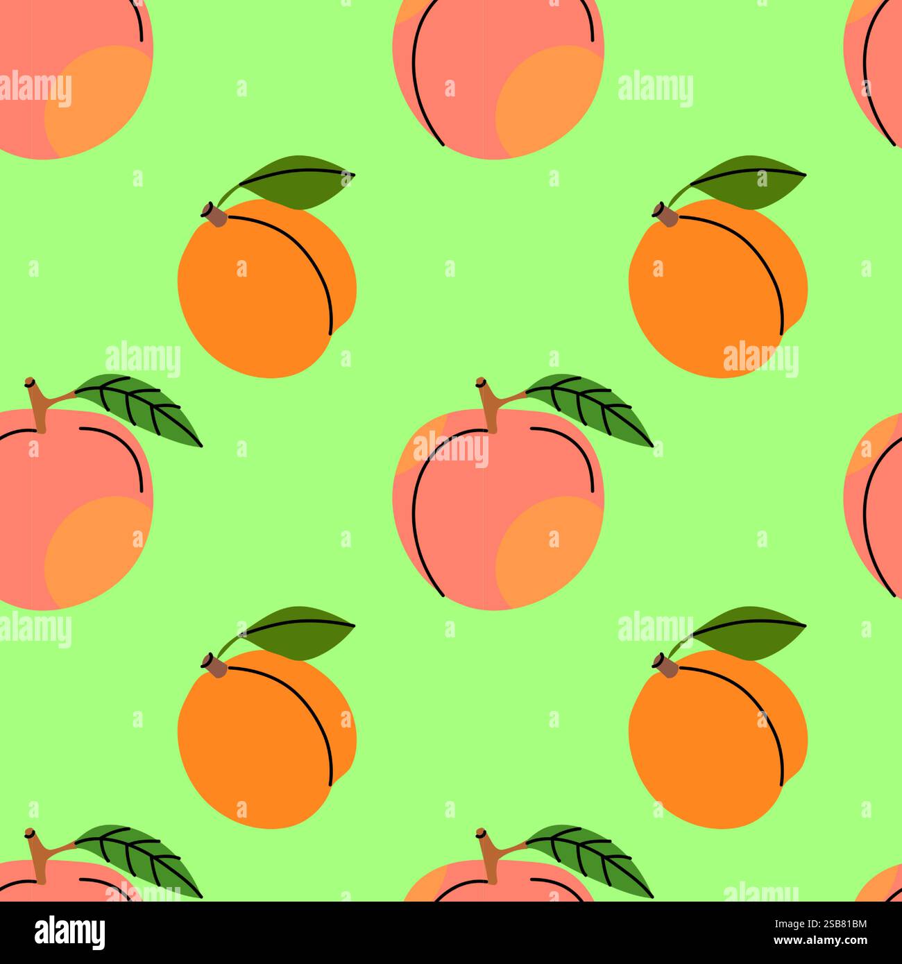Colorful fruit pattern featuring peaches and oranges on a bright green background Stock Vector