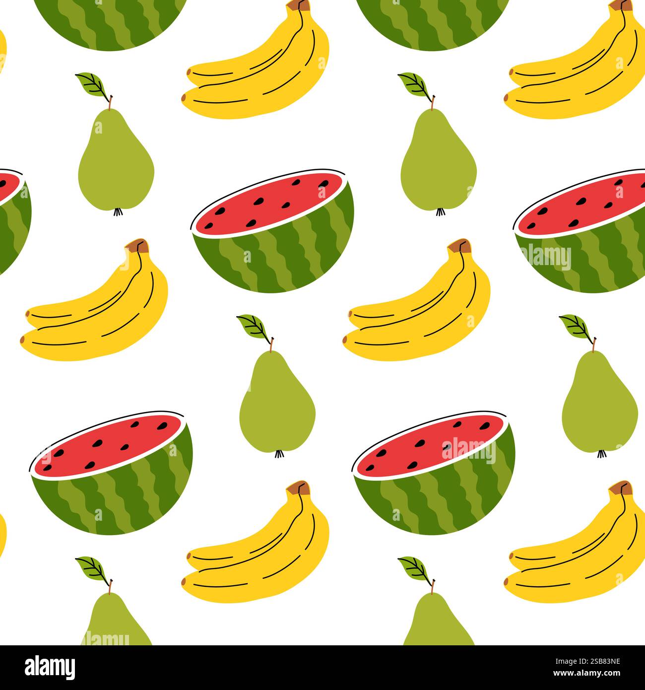 Colorful fruit pattern featuring bananas, pears, and watermelons against a white background Stock Vector
