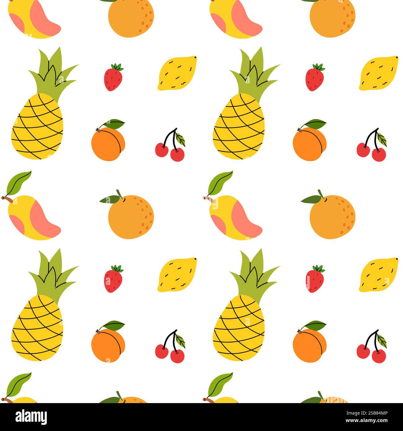 Colorful fruit pattern featuring pineapples, strawberries, and lemons on a white background Stock Vector
