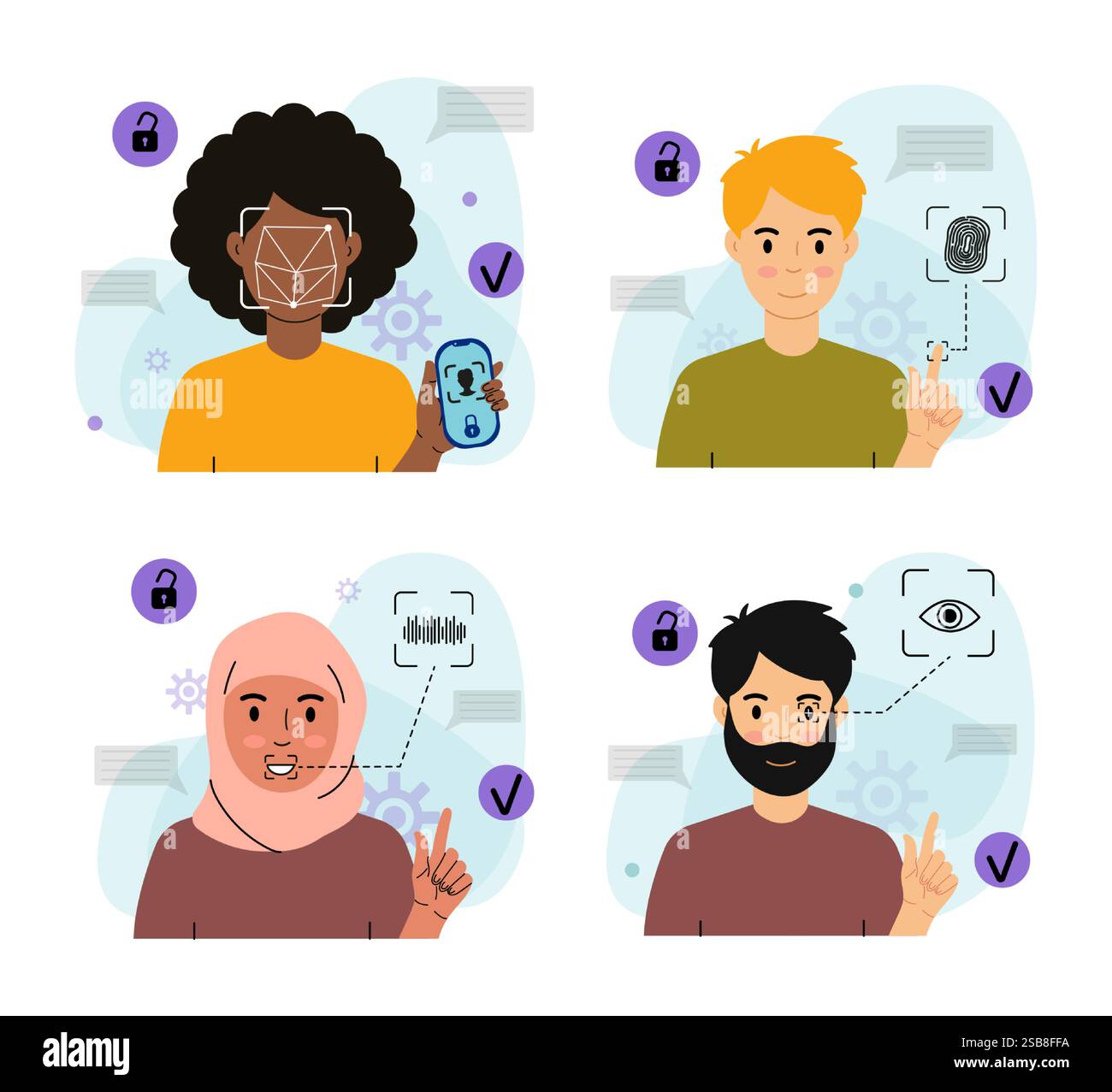 Diverse People Using Biometric Authentication Stock Vector