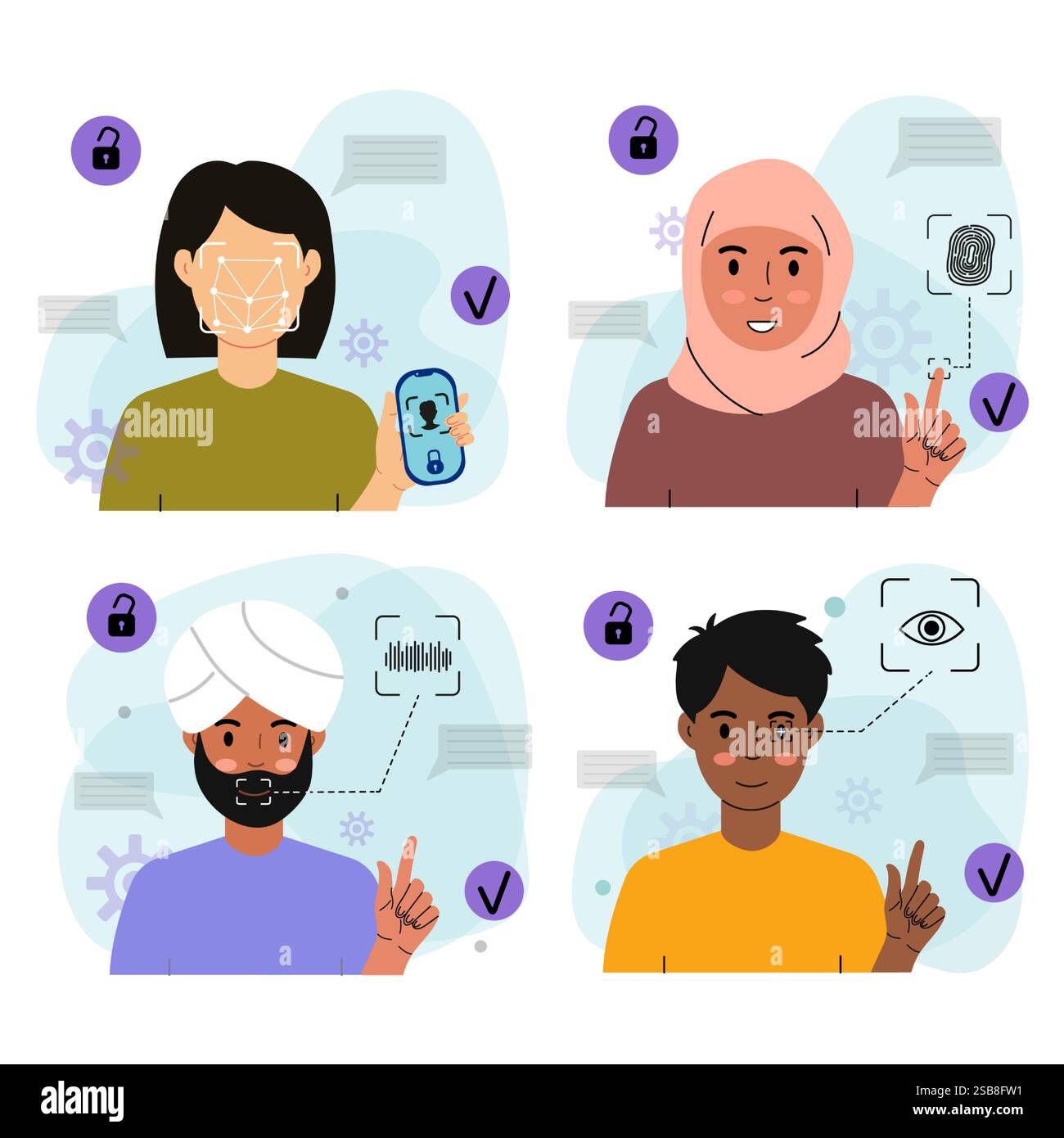 Diverse People Using Biometric Security Stock Vector