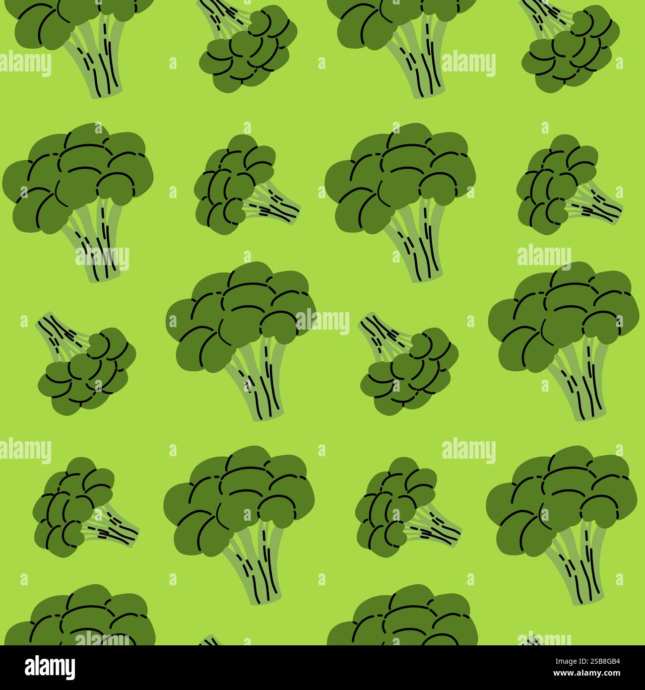 Colorful pattern of broccoli illustrations on a vibrant green ...