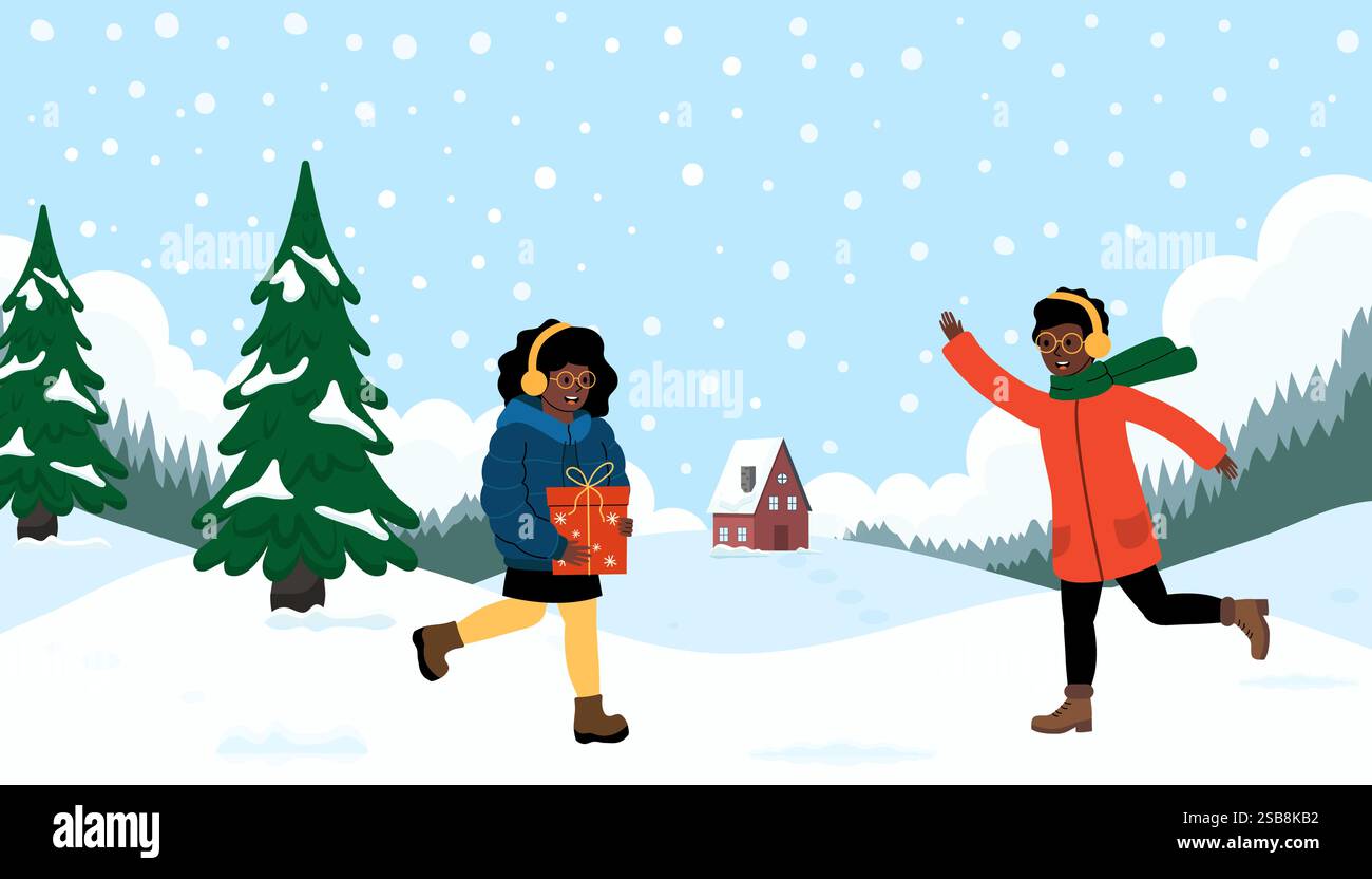 Two friends enjoying a snowy day while exchanging gifts in a winter ...