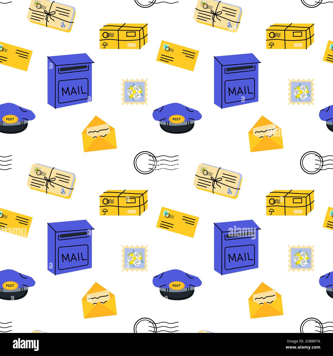 Colorful postal themed pattern featuring mailboxes, letters, and packages in a bright design Stock Vector