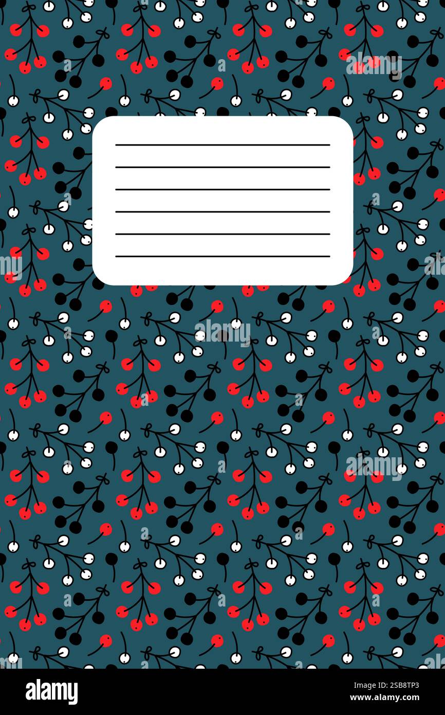 Floral patterned notebook cover with vibrant red and white elements on a dark background Stock Vector