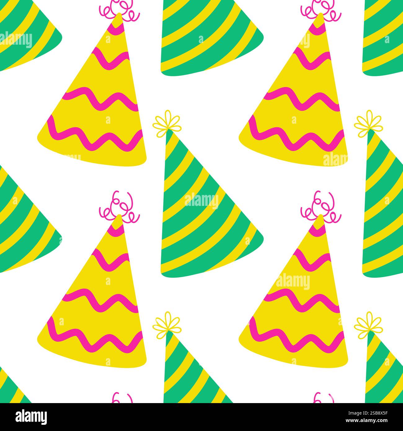 Brightly colored party hats in a playful repeating pattern for festive ...