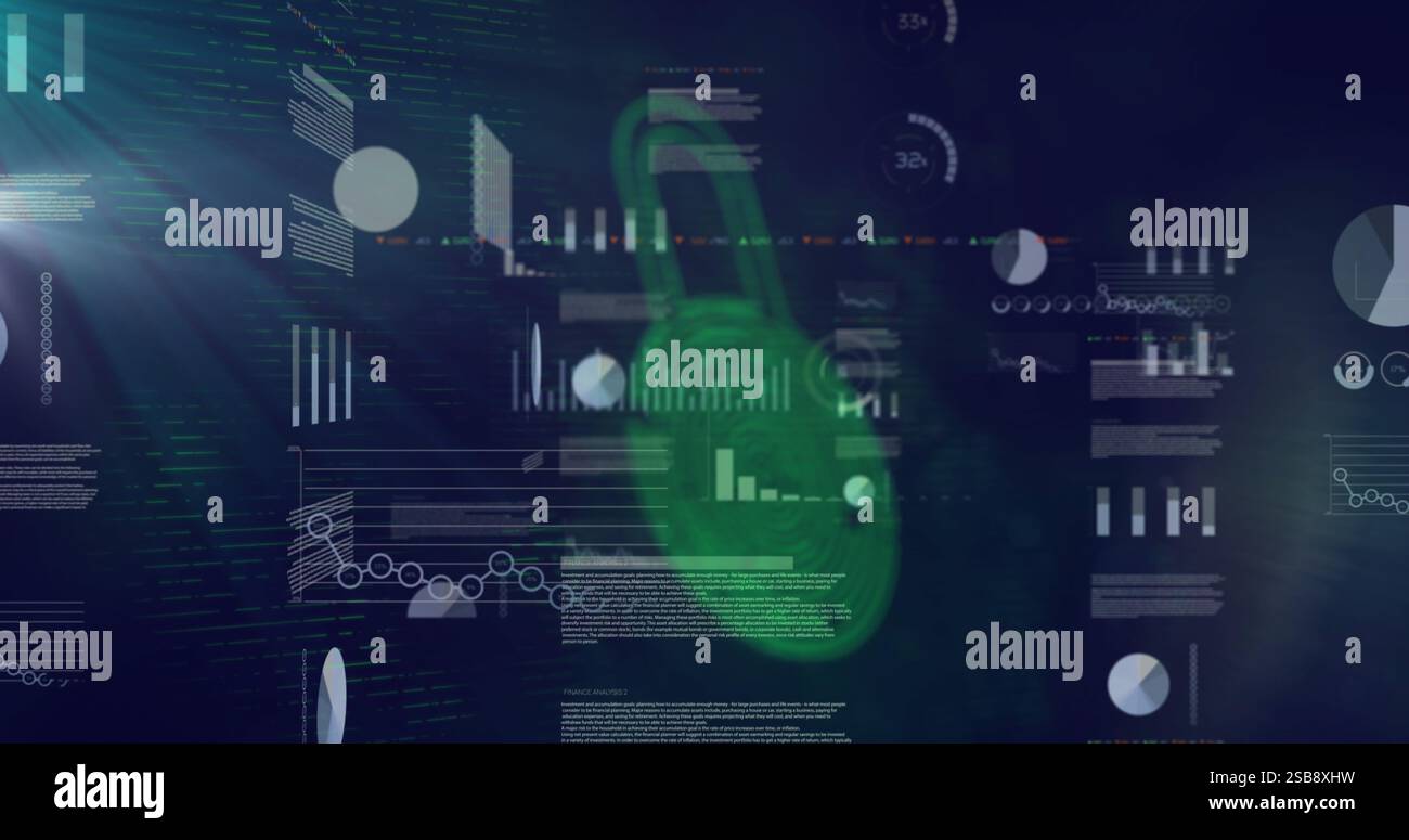 Green padlock and fingerprint image over digital data and graphs Stock Photo