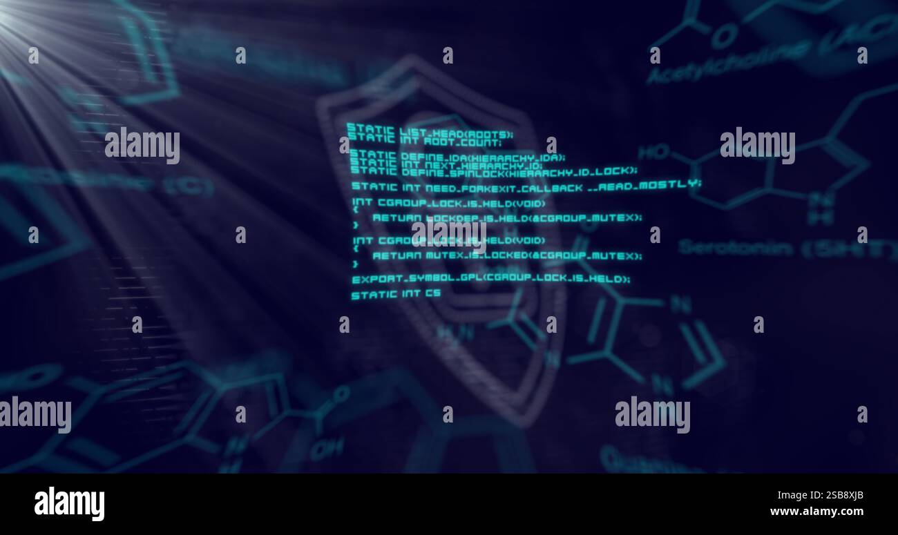 Digital lock and shield security image over chemical formulas background Stock Photo