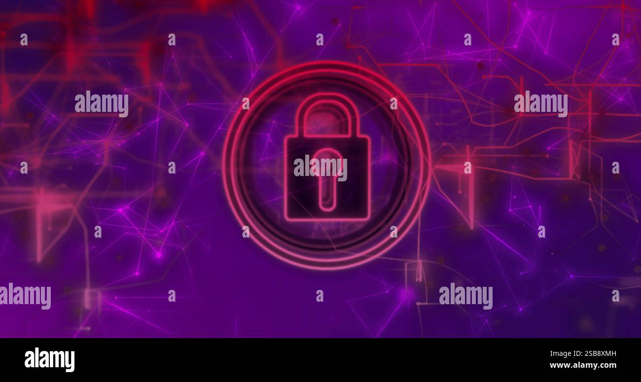 Lock icon image over purple network connections background Stock Photo ...