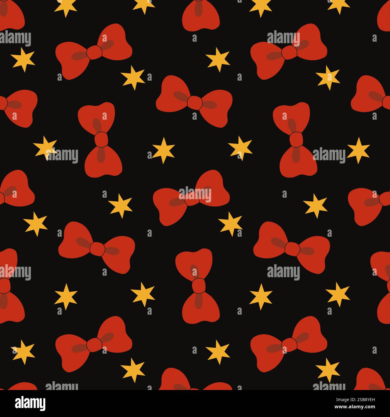 Red bows and yellow stars repeating pattern on a black background for ...