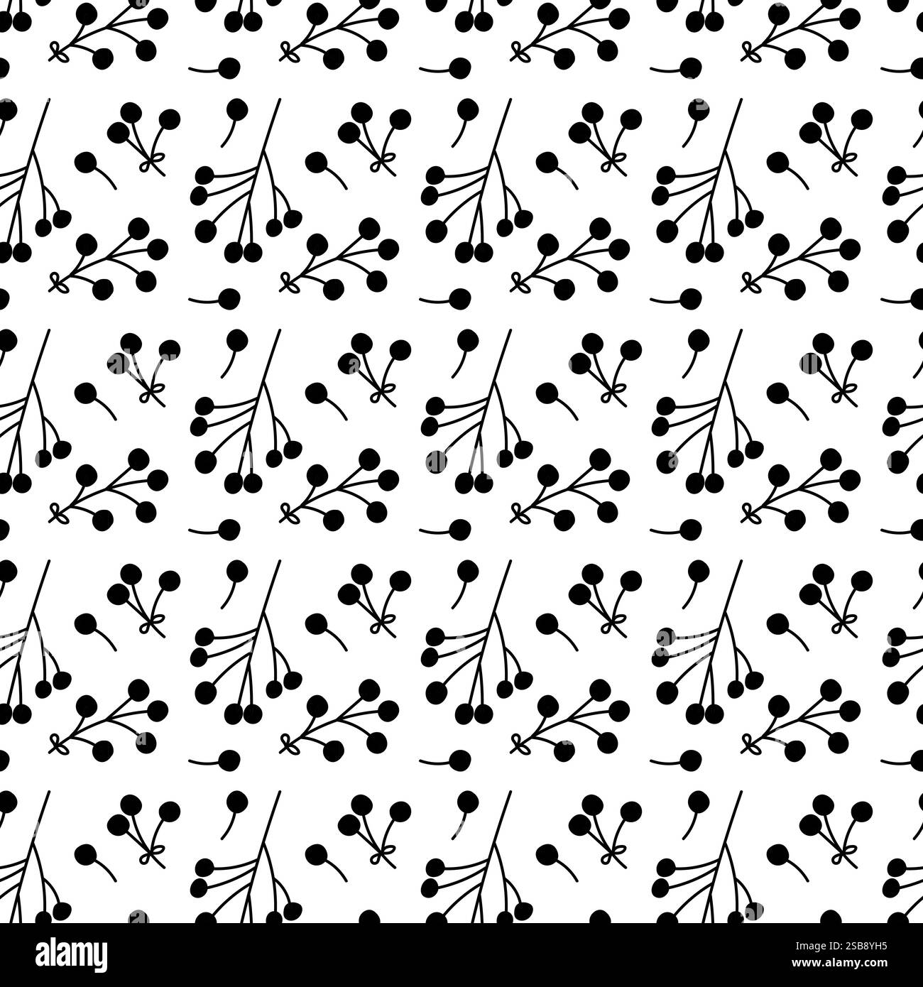 Black and white pattern featuring branches with circular berries on a clean background Stock Vector