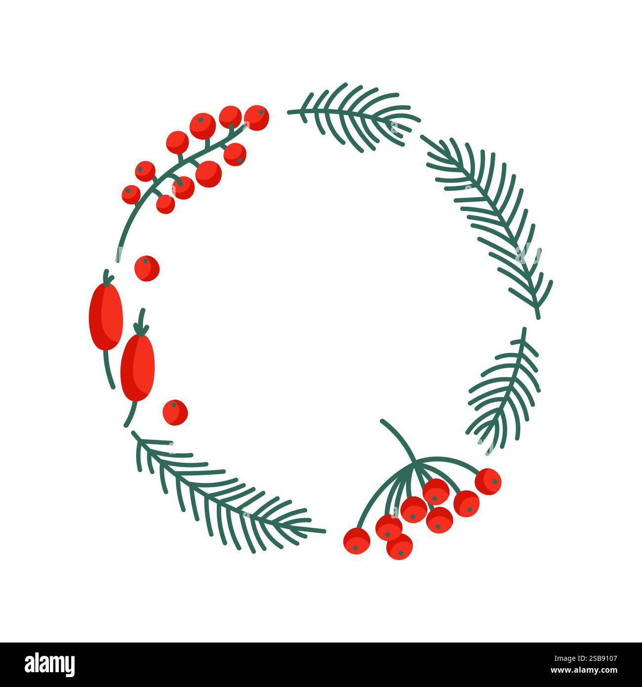 Colorful circular wreath design featuring berries and greenery on a white background Stock Vector