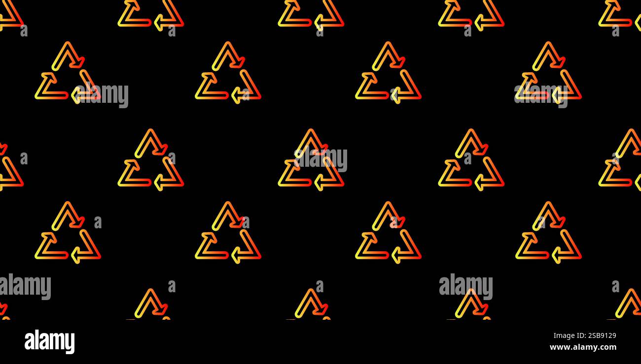 Bright neon recycling symbols create a striking pattern on a dark background Stock Vector