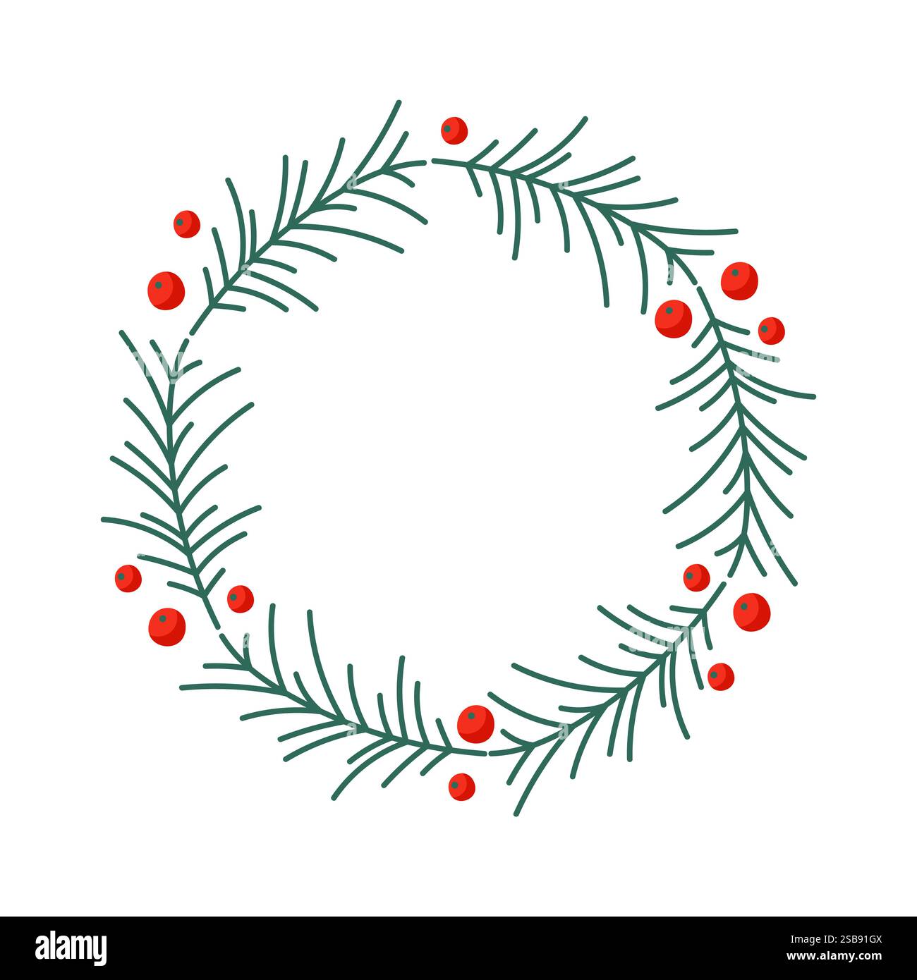 Simple festive wreath design featuring green pine branches and red berries for holiday decoration Stock Vector