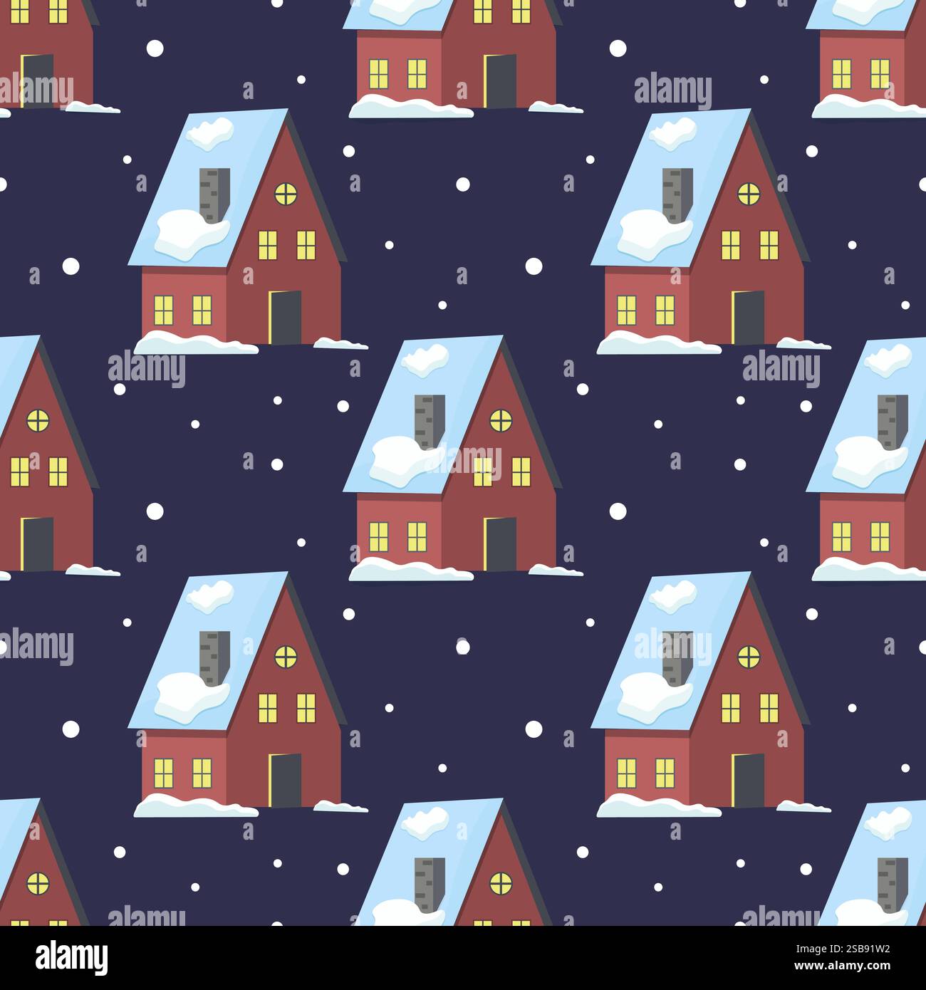 Cozy winter homes with snowy rooftops set against a dark night sky ...