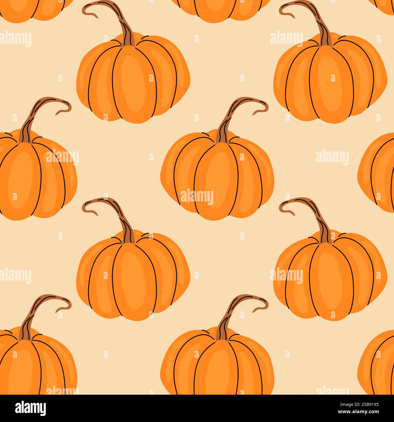 Bright orange pumpkins arranged in a repeating pattern on a light beige background Stock Vector