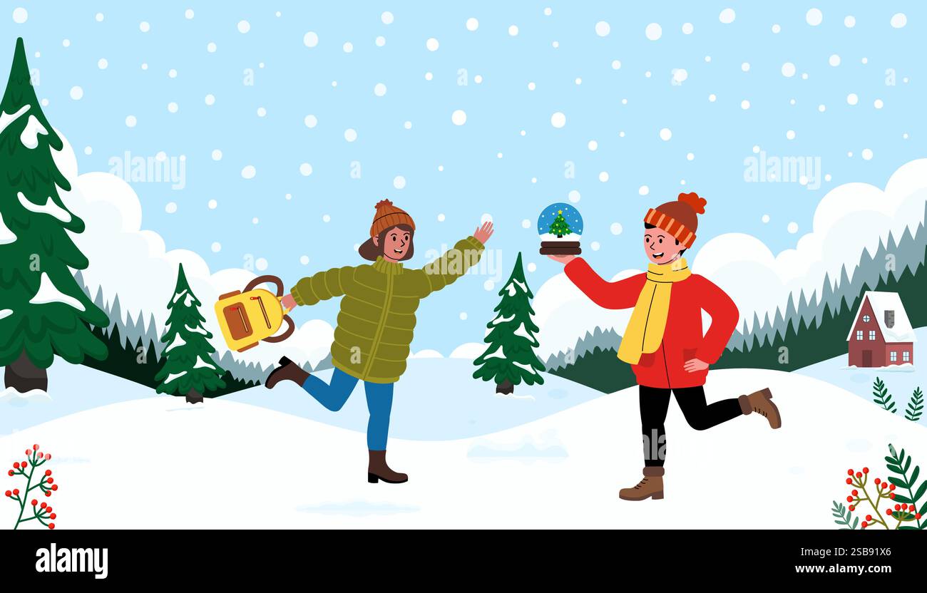 Two friends enjoy a snowy winter day while playing in the snow and ...