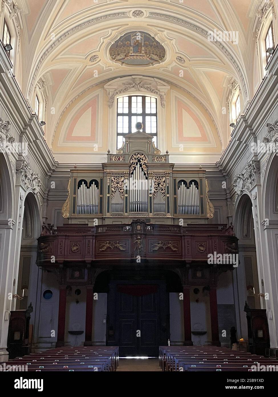Molfetta, Italy. Interior of the Molfetta Cathedral. Organ and choir balcony. - Smartphone Captured Stock Image