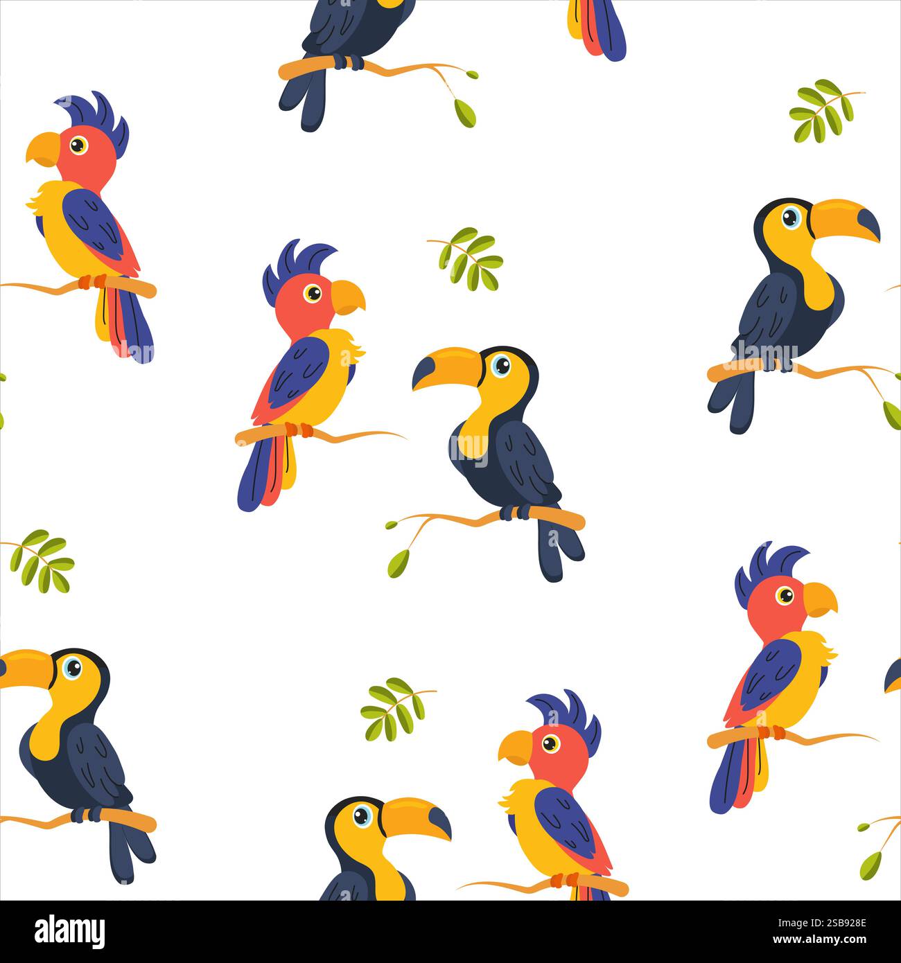 Colorful tropical birds on white background in a playful pattern design Stock Vector