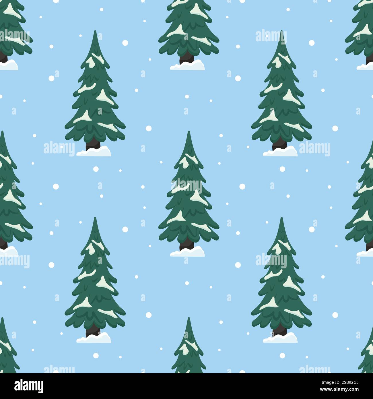 Winter pattern featuring snow-covered evergreen trees on a light blue background Stock Vector