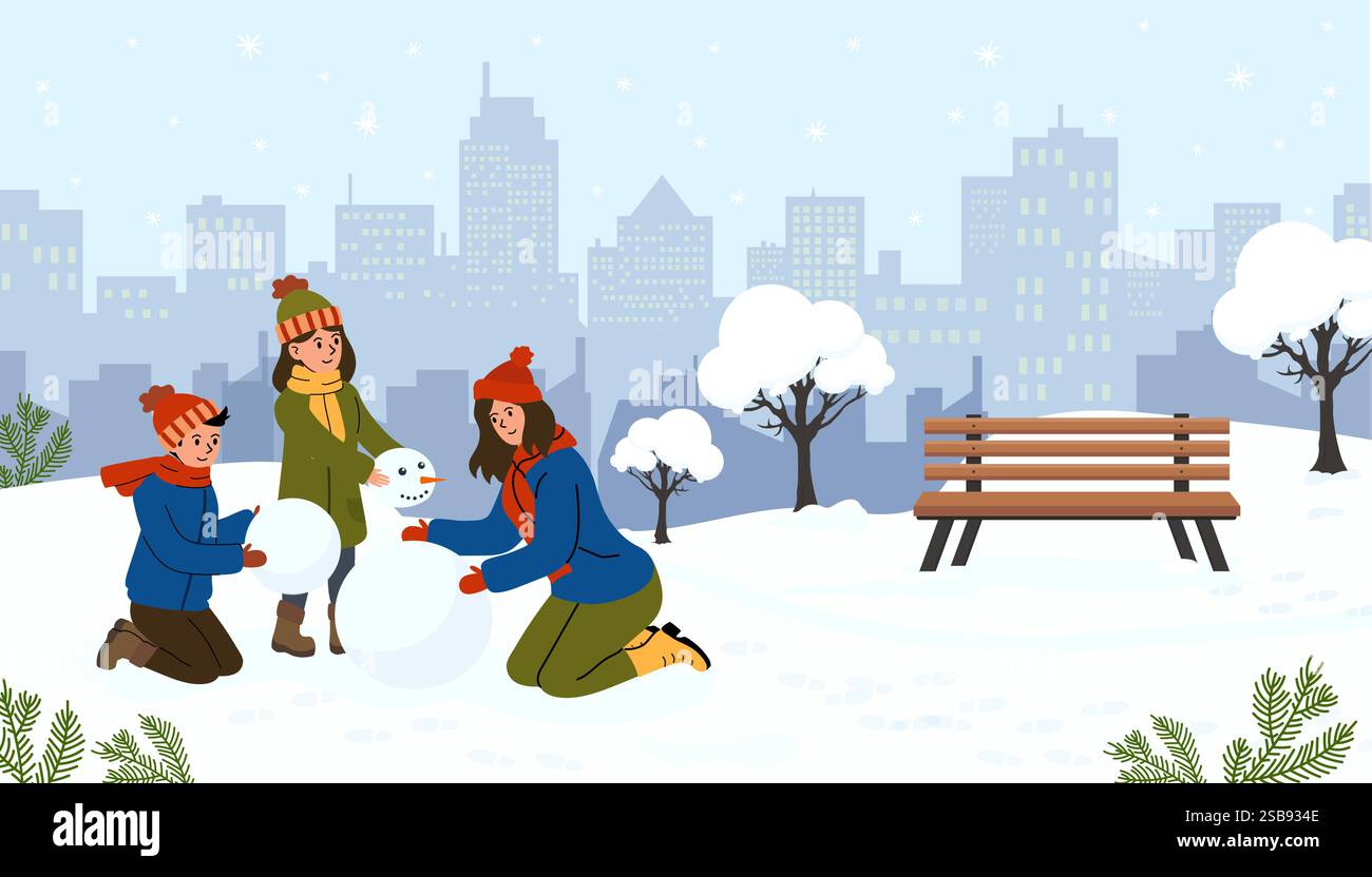 Kids enjoy building a snowman in a winter park amidst a city skyline ...