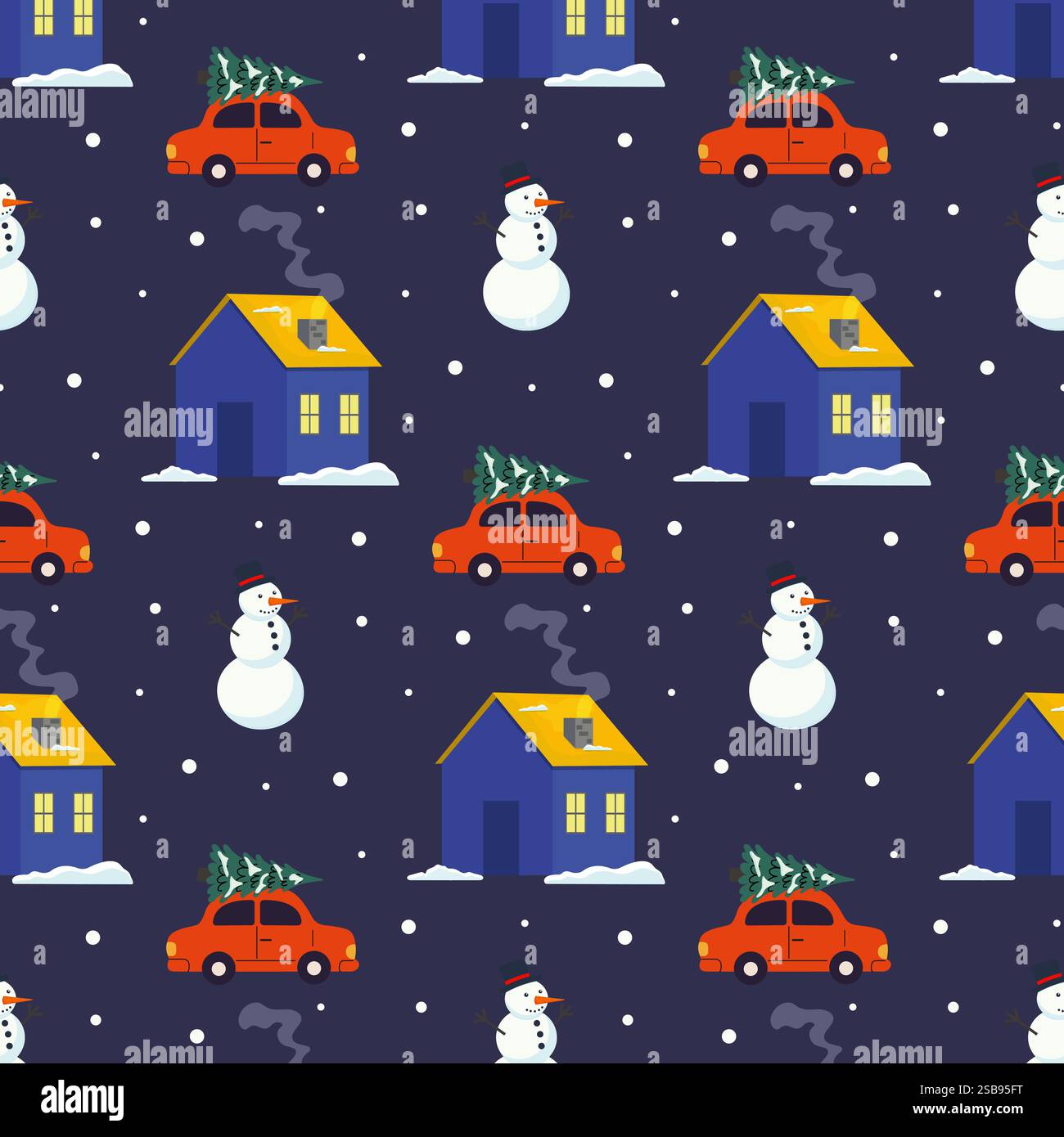 Festive winter landscape featuring cars, houses, and snowmen with Christmas trees on rooftops Stock Vector