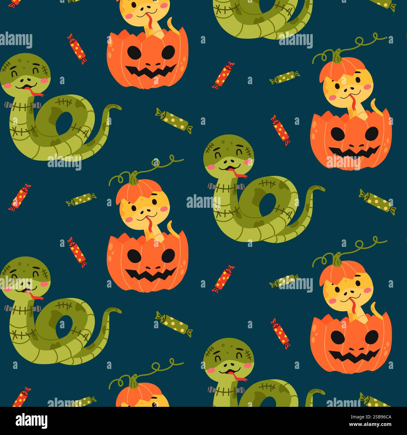 Cute Snake Halloween Pattern With Pumpkins Stock Vector