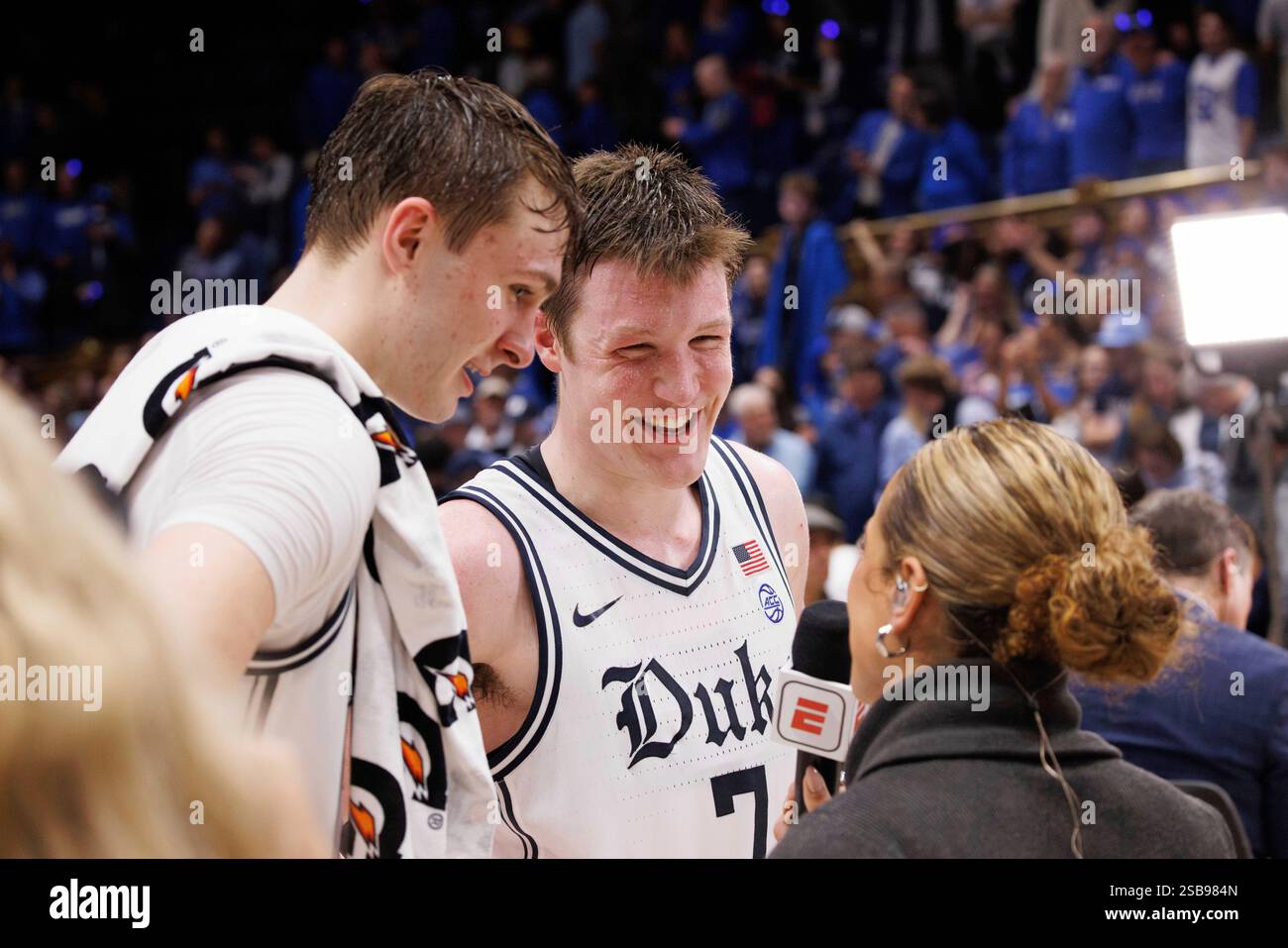 Duke's Cooper Flagg, left, and Duke's Kon Knueppel (7) are interviewed