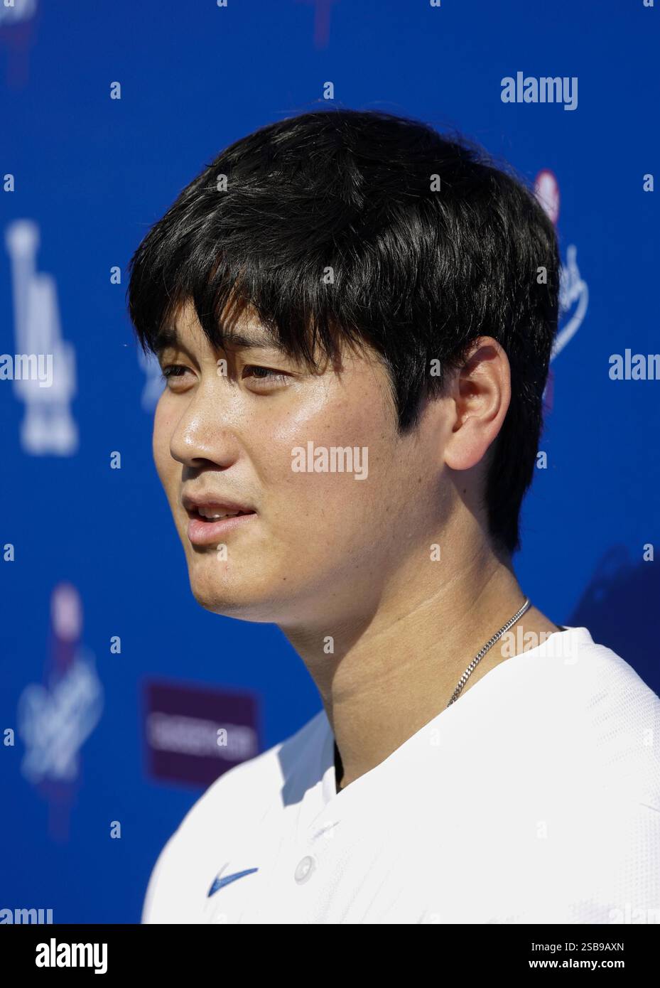 Los Angeles Dodgers star Shohei Ohtani meets the media during a