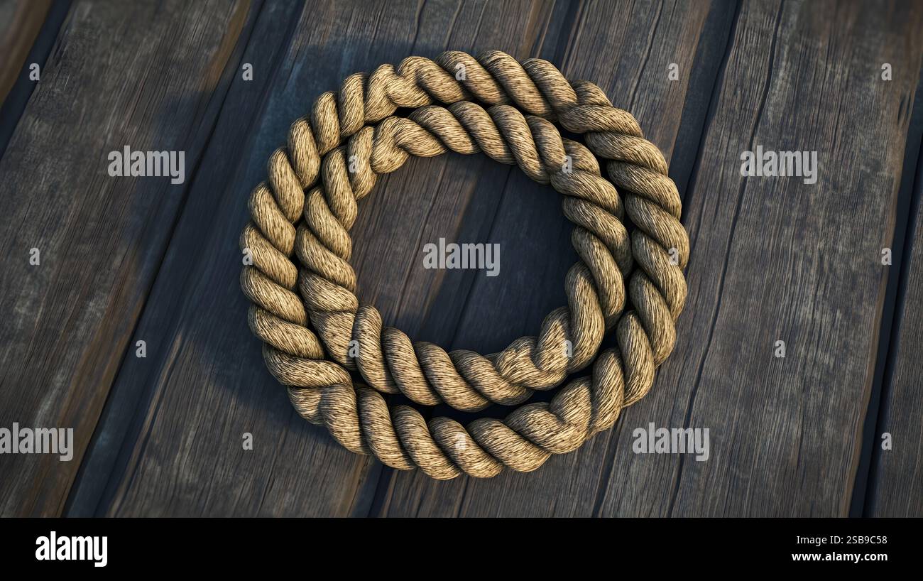 Coiled rope with a natural,textured appearance arranged in a circular ...
