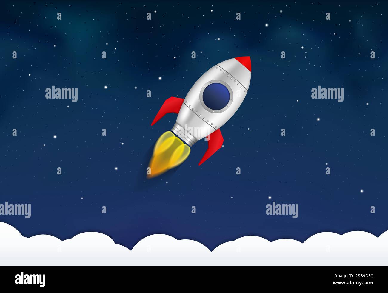 Rocket flying in space with stars, vector eps10 illustration Stock Vector