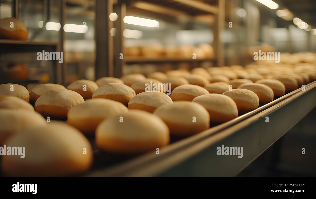 Conveyor belt transporting freshly baked loaves of bread through a ...