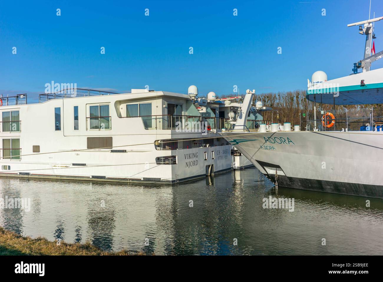 linz, austria, 01 feb 2025. danube cruise ships viking njord and adora ...