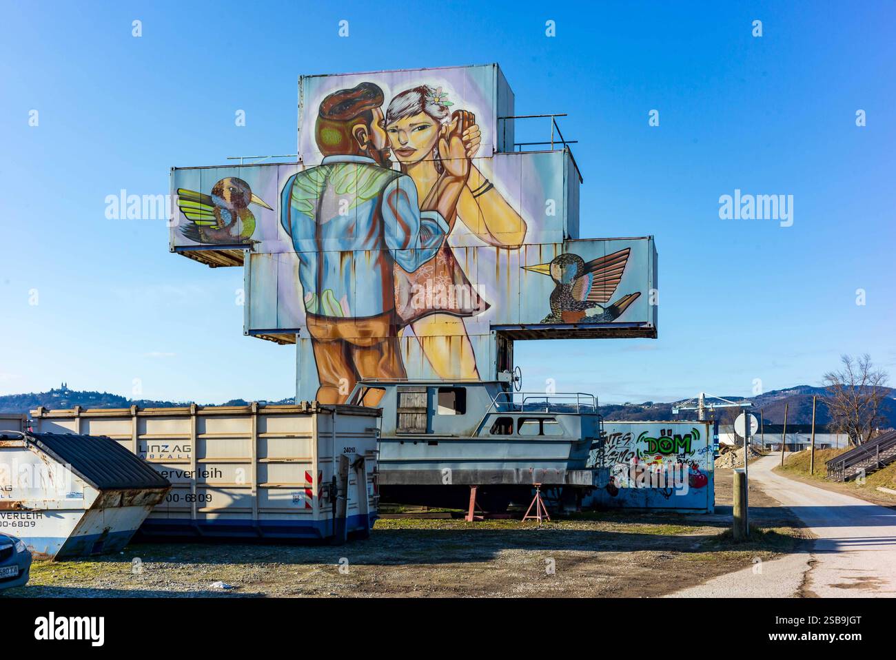 linz, austria, 01 feb 2025, container, construction with graffitis in ...