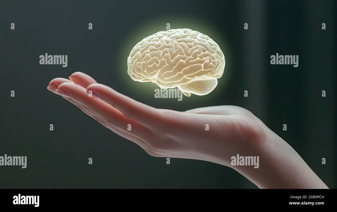 Glowing Brain Hologram Floating Above Outstretched Hand on Dark ...