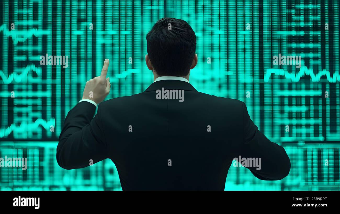 Businessman in Suit Pointing at a Holographic Financial Chart ...