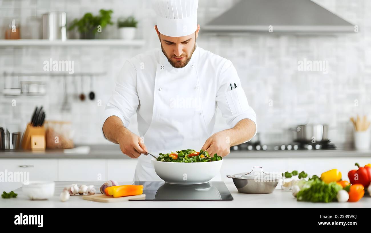 Professional male chef in white uniform standing at a modern kitchen ...