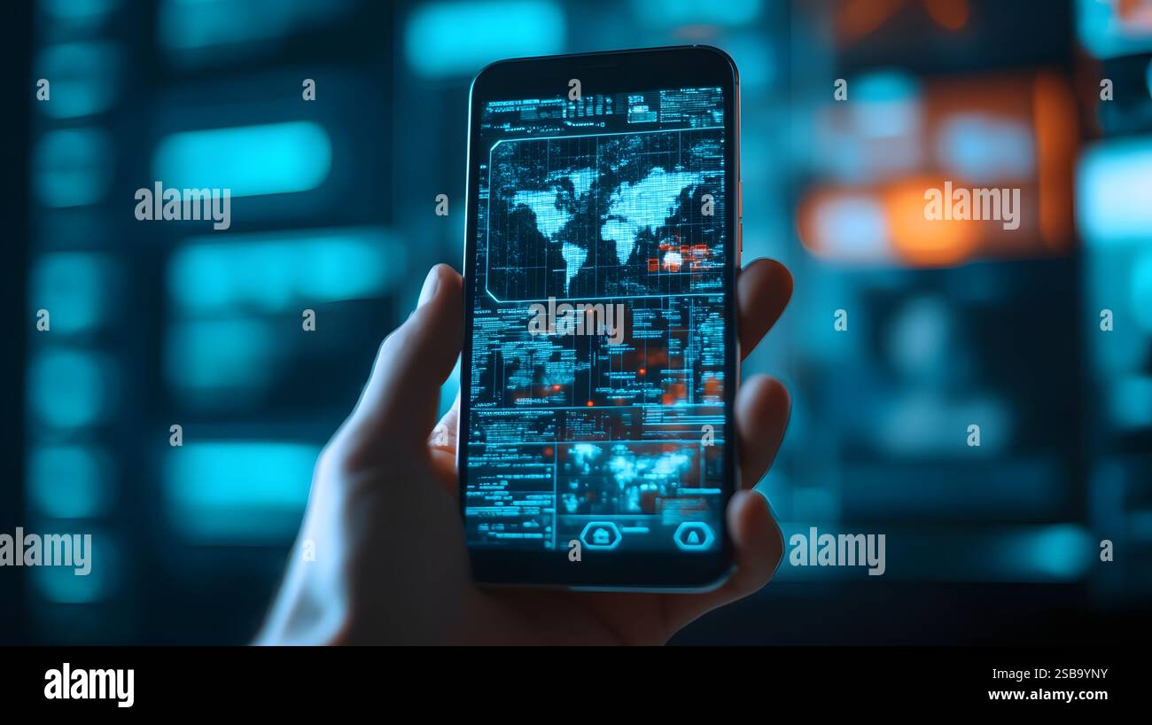 Futuristic augmented reality interface displayed on a smartphone ...