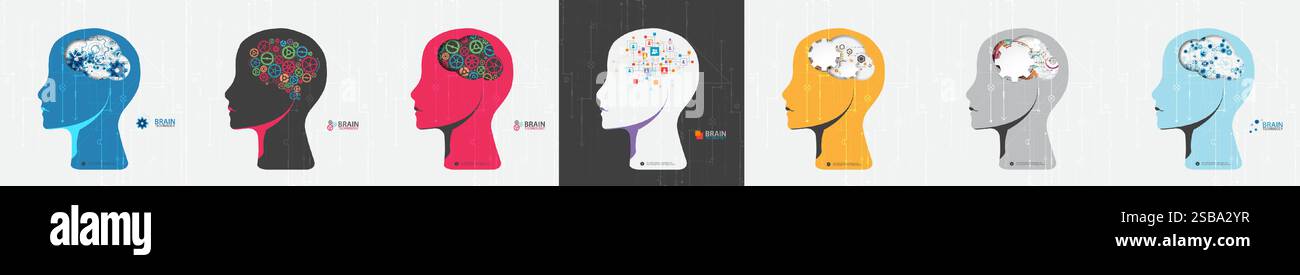 Collection of seven android heads. Image of artificial intelligence. Vector. Stock Vector