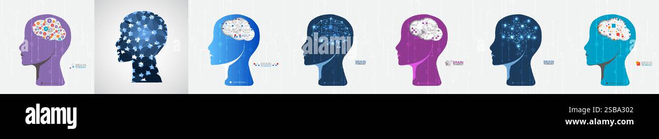 Collection of seven android heads. Image of artificial intelligence. Vector. Stock Vector