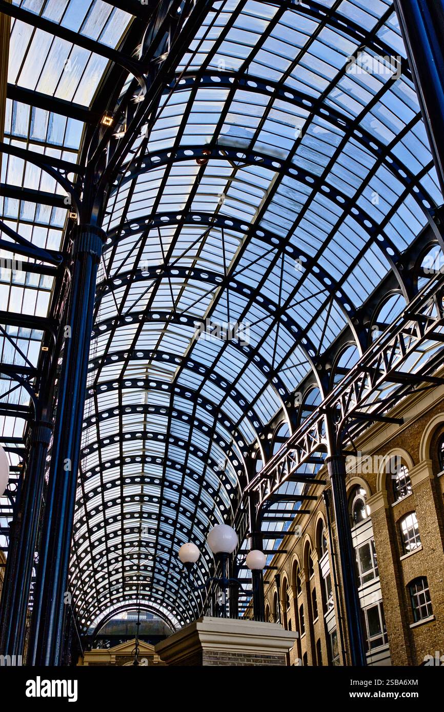 Framework Translucent Low-angle view of a glass and metal arched roof structure over a ...