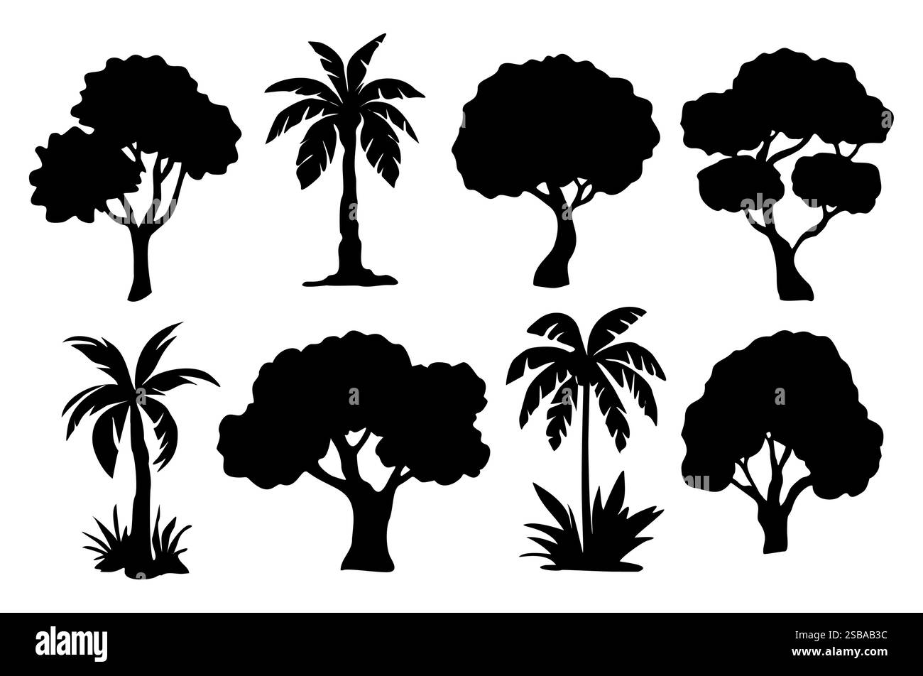 Set of different tree black vector silhouettes. Stock Vector