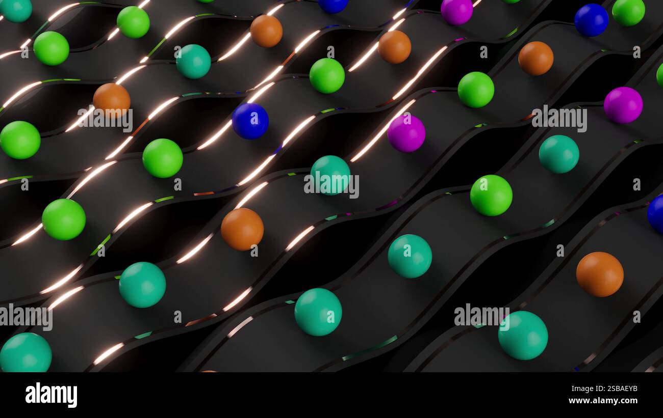 Color spheres move on curve paths 3d render Stock Photo - Alamy