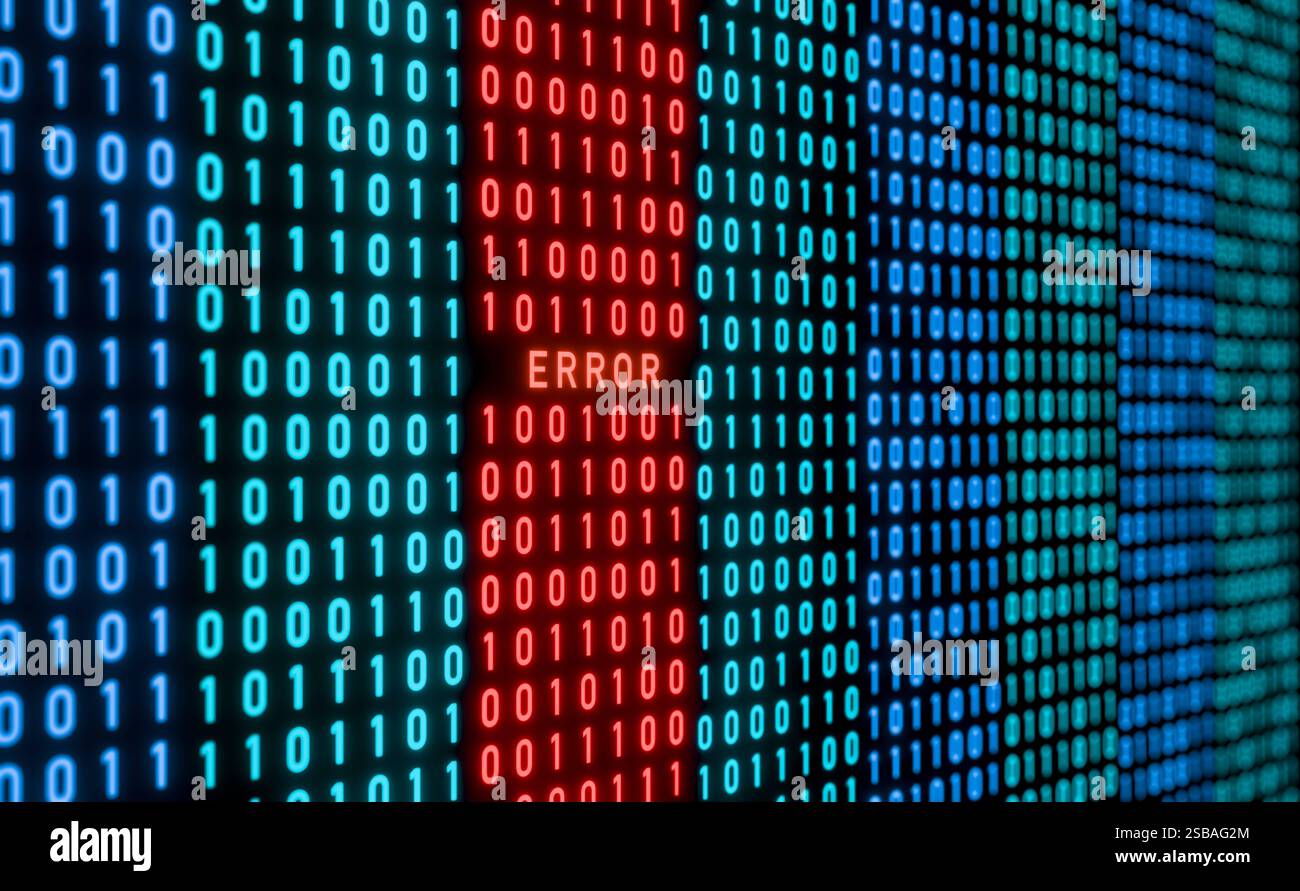 Error warning sign, binary code with red signal, system malfunction ...